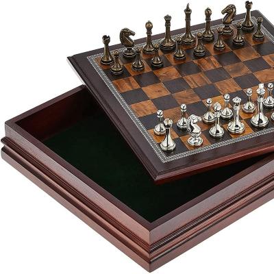 China Handmade Custom Classic Metal Chess Set Collection Set Luxury Packaging Wooden Board And Storage for sale