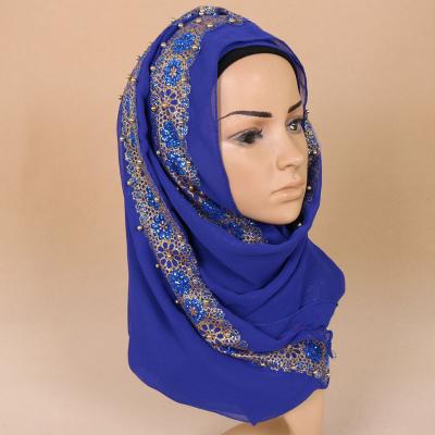 China Long 9 Colors Fashion Egyptian Soild Color Women Muslim Islamic Chiffon Pearl Rhinestone Scarf Hijabs With Pearls And Rhinestone for sale