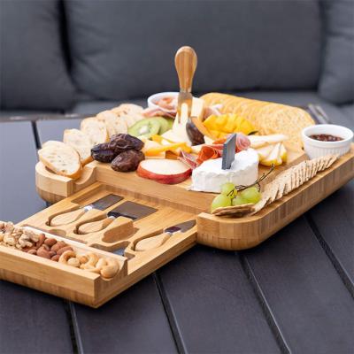 China Biumart Amazon Viable New Design Hot Sale Bamboo Kitchenware Cheese Board Cheese Board Knife Set Wooden Charcuterie Dish for sale