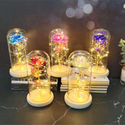 China Biumart Hot Sale Valentine's Day Gift Plastic Home Decoration Flower Gold Foil Eternal Rose Glowing LED Lamp for sale