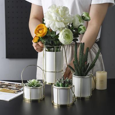 China Newart Modern Gold Modern Table Stand Small White Ceramic Flower Pot Basket for sale