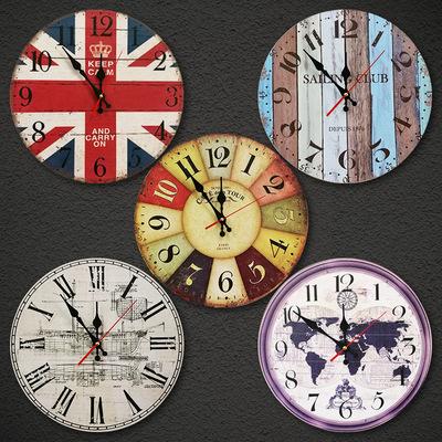 China American Retro Radio Newart Wooden Circle 13 Inch Quartz Map Wall Clock For Bar Home Decoration for sale