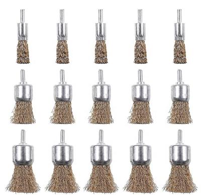 China 15-Pack Wire Brush Wheel Cup Cleaning Brass Coated Brush with Shank 1/4-Inch Rocaris 3 Sizes Drill Perfect Playbrush for Removing Rust for sale