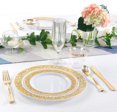 China Gold Party Disposable Premium Heavy Duty Plastic Dish Dinner Party Plastic Dish And Cutlery Set For Wedding for sale