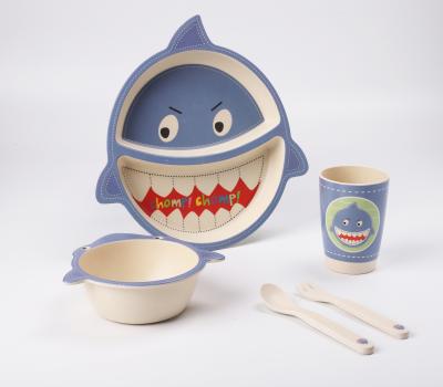 China New Minimalist Animal Shark Printed Design Kids Tableware 5 Pieces Bamboo Fiber Kids Dinner Dish Sets for sale