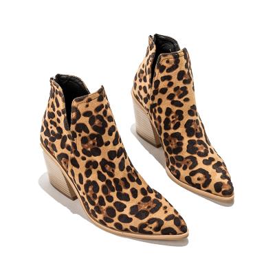 China 2021 light leopard print ankle boots high heel Martin winter autumn new reject thick heel headed ankle boots for ladies for sale