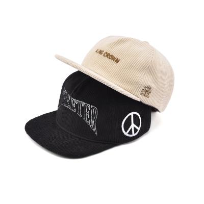 China COMMON Accept Logo 5 Panel Brim Hip Hop Corduroy Flat Adjustable Sport White Custom Snapback Hats for sale