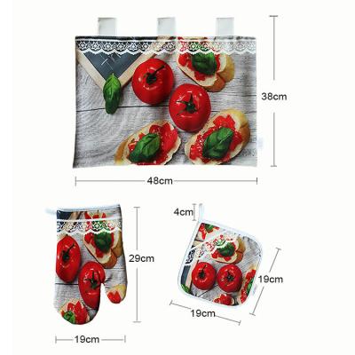 China Morden Luxury Custom Heat Resistant Double Oven Gloves and Potholder for Kitchen Polyester Cloth Oven Mitt Gloves 3pcs Digital Printing Set for sale