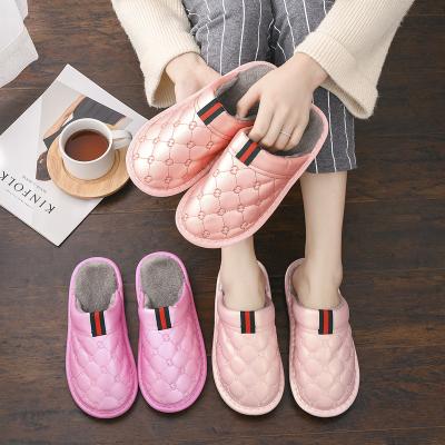 China Waterproof Winter Cotton Warm Slippers PU Leather Slip-On Waterproof Thick-sole Slipper Indoor Non-slip Men's Slipper Women's for sale