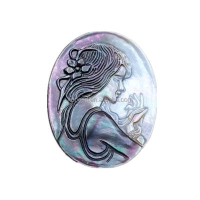 China Vintage MOP353 Saltwater Shell No Hole Carving Loose Natural Black Cameos For Pendant Inlay for sale