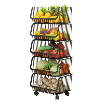 China Black Stackable Organizer Stocked Color Metal Wire Food Carts Kitchen Storage Basket Kitchen Accessories for sale