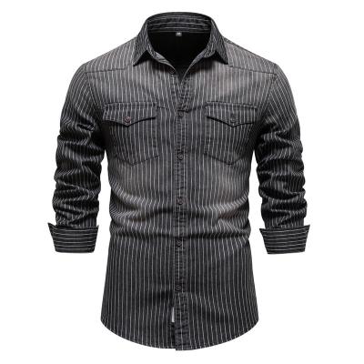 China HIGH QUALITY Fashion Trend Heavy Duty Wash Denim Old Style Men's Sleeve Denim Shirt Striped Long Shirt Men for sale