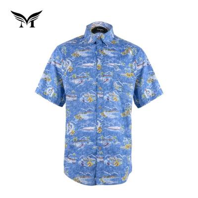 China Wholesale New Look Viable Stylish Summer Men Simple Blue Screen Printed Organic Cotton Shirts for sale