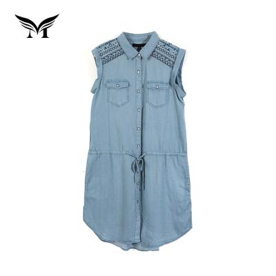 China Summer Fashion Sustainable Wear Sequin Embroidery Washed Cotton Denim Blouse Women Sleeveless Tops for sale