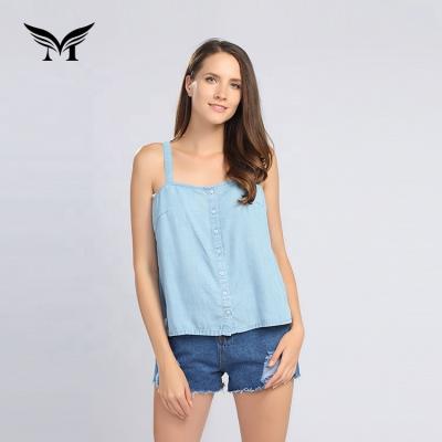 China Sustainable New Look Eco Friendly Plain Dyed Strap Custom Sleeveless Denim Womens Casual Blouse Tops With Button for sale