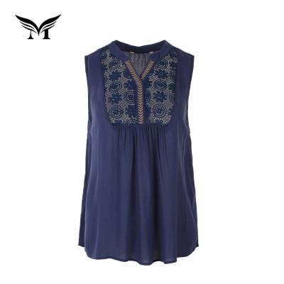 China New Look Custom Viable Color V Neck Sleeveless Floral Embroidery Women Lace Up Blouse Tops for sale