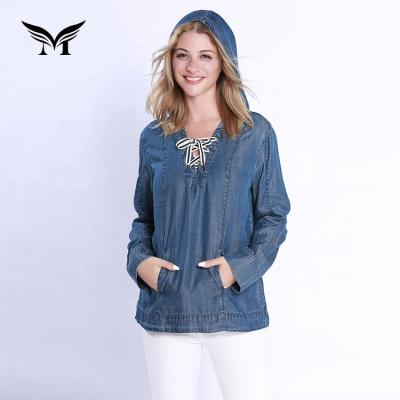 China New Viable Pockets Decorative Casual Long Sleeve Cotton Washed Jeans Denim Hoodie Coat Jacket For Women Ladies for sale