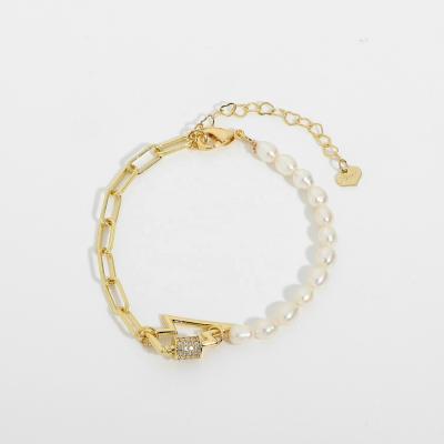 China FASHIONABLE Zircon Lightning Bracelet 14K Gold Plated Chain Pearl Baroque Freshwater Bracelet for sale