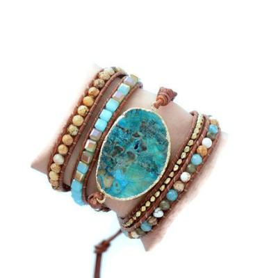 China / Bohemian Leather Ocean Jasper Slice Stone Wrap Bead Bangle Bracelet for sale