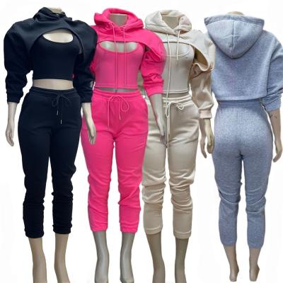 China QUICK DRY Women Sports Hoodies Set Jacket Sweater Straps 2 Piece Set Womens Hoodies Joggers Long Sleeve Women's 3 Piece Pants Set for sale