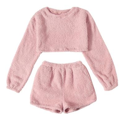 China QUICK DRY Women Sleepwear Two Piece Long Sleeve Crop Tops And Home Shorts Suit Soft Lounge Wear Women Lamb Pajama Set for sale