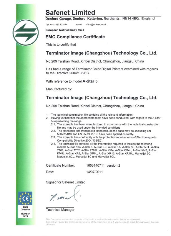 EMC Compliance Certificate - A-Starjet Sales Company