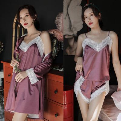 China QUICK DRY sexy lace abdl pajamas women's 4pcs satin pajamas long robe ice silk satin slip dress nightgown for sale