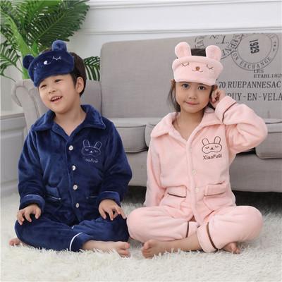 China Flannel Kids Cartoon Embroidery Rabbit Full Body Pajamas Thermal Wholesale Warm Pajamas 3pcs Fleece Pjs With Matching Blinder for sale