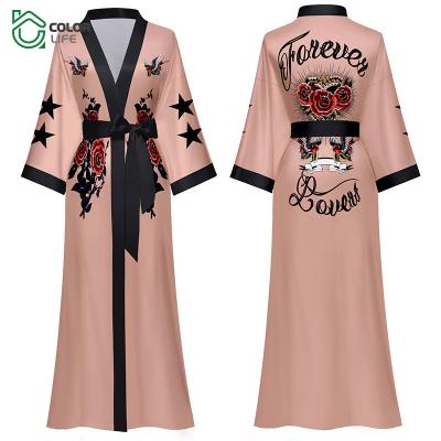 China New Arrival QUICK DRY Spring Flower Nightgown Luxury Printed Casual Satin Long Sleeve Pink Bathrobe For Women for sale