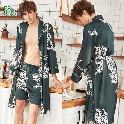 China Factory High Quality QUICK DRY Summer Printed Loose Male Satin Bathrobe Thin Long Sleeve Nightgown for sale