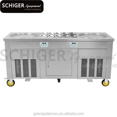 China Ice Cream Series 2 Pans Thailand Flat Ice Pan Machine With 10 Chilled Trays And Built-in Refrigerator for sale