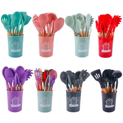 China Viable Hot Seller 12pcs Colorful Heat Resistant With Wooden Handle Plastic Bucket Silicone Cooking Cookware Set for sale