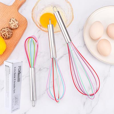 China 8/10/12 Inch Sustainable Silicone Baking Cooking Manual Egg Whisk Beater Set of 3 with Stainless Steel Handle for Stiring for sale