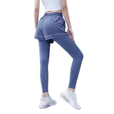 China Breathable High Quality Women Faked Two Pieces Sweat High Stretch Fitness Gaiters Tight Waist Yoga Pants for sale