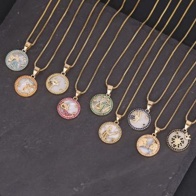 China TRENDY 18k Gold Box Chain With Colorful Zircon Paved Zodiac Necklace Charm Gold Choker Astrology Chain Necklaces for sale