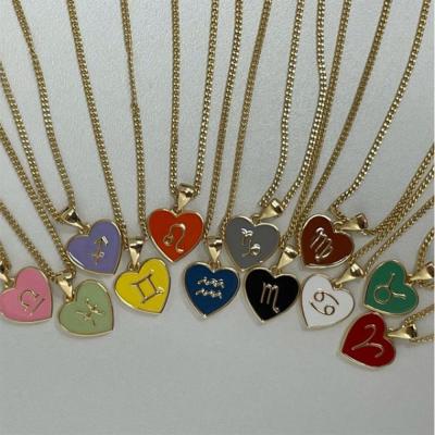 China Cute Wholesale FASHIONABLE Horoscope Colorful Enamel Heart Charm Astrology Necklaces 12 Zodiac Sign Pendants Necklace for sale