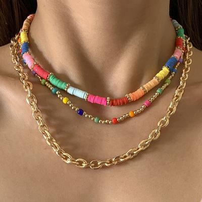 China Fashionable Lady Multi Layered Colorful Polymer Clay Beaded Choker With Gold Cuban Link Chain Necklaces Set for Women for sale