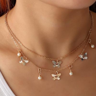 China TRENDY Fashion Simple Gold Plated Multi Layered Jewelry Chain Butterfly Gold Pearl Choker Pending Necklaces for sale