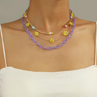 China New Gold TRENDY Fashion Choker Colorful Acrylic Chain With Cute Smiley Face Daisy Charm Pearl Multi Layered Necklace for sale