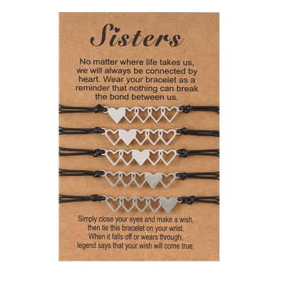 China TRENDY 5pcs Set Wax Ties Adjustable Braided Friendship Bracelets Shapes Stainless Steel Heart Bracelet For Sister Gifts for sale