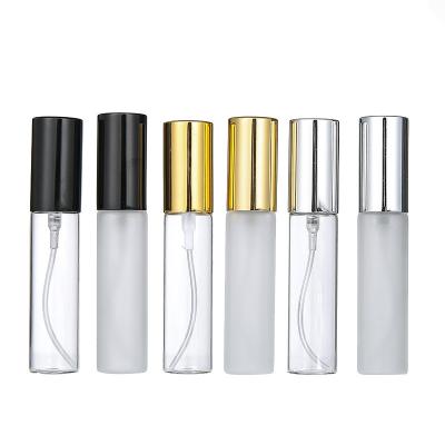 China Cosmetic luxury empty clear frosted glass perfume bottle 5ml 10ml small spray perfume bottle with gold silver rose gold black caps for sale