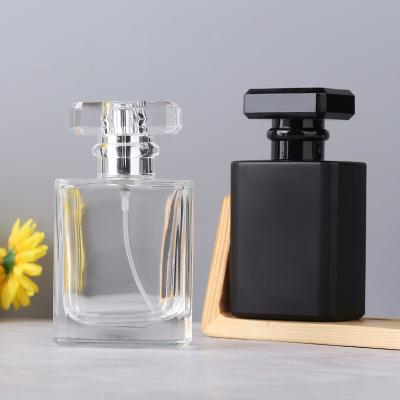 China 50ML Cosmetic Perfume Spray High End Empty Refillable Square Glass Bottle With PS Cap Cosmetics Screw Cap for sale