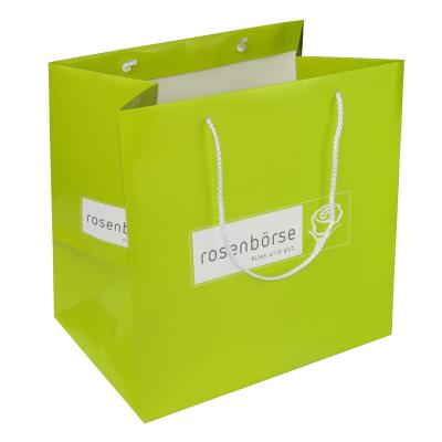 China Recyclable Bespoke Green Paper Trendy Handmade Biodegradable Shopping Bags With Nylon Rope Handle en venta