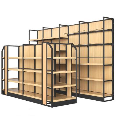 China MCZC Double Sided Wooden Material Gondola Supermarket Display Stand Customized Wooden Shelves For Supermarket for sale