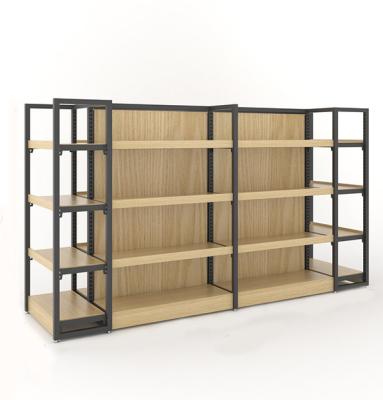 China Double Sided Wood And Steel Gondola Combination Shelving Double Sided Wooden Supermarket Shelves Metal Equipment for sale