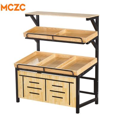 China MCZC OEM Double Sided Supermarket Shelves Wooden Fruit Vegetable Display Rack for sale