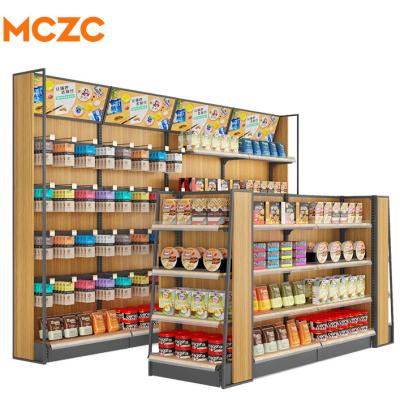 China Customized Wooden Double Sided Metal Supermarket Shelves Storage Wholesales Shelf Display Rack for sale