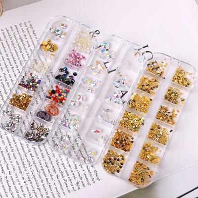 China Crystal 12 Grids / Ins Crystal Rhinestone Stone Nail Art 3d Glass Sticker Multi Metal Glass Plastic Alloy Box Small Nail Art Sticker for sale