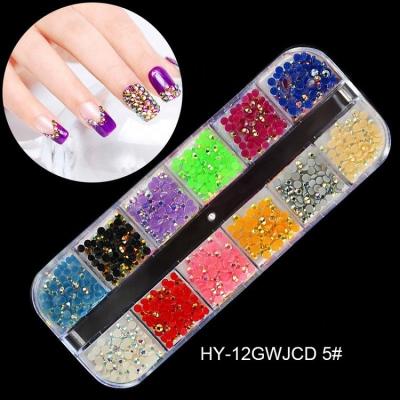 China Crystal 12 Grids Boxed Small Pink Blue Color Rhinestone Decoration Kit Metal Nail Accessories For Nail Art Press On Nails for sale