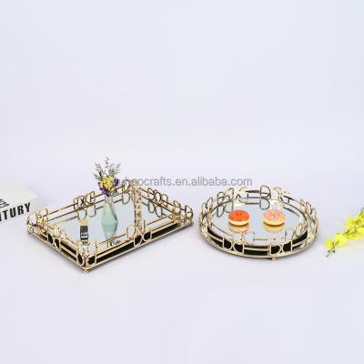 China Stocked Wholesale Round and Rectangle Gold Metal Mirror Glass Serving Tray for Home Decor for sale